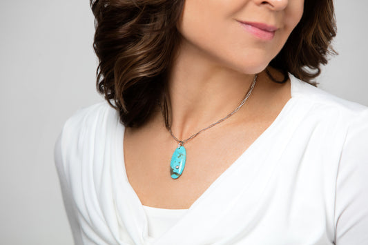 one-of-a-kind turquoise and bezel set diamond gemstone pendant in 14 karat gold